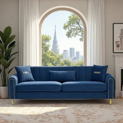 Streamdale Furniture Streamdale Modern Plush 3-seater Sofa With Pillows & Metal Legs In Blue