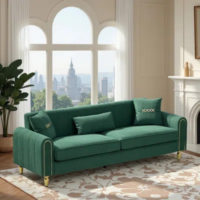 Streamdale Furniture Streamdale Modern Plush 3-seater Sofa With Pillows & Metal Legs In Green