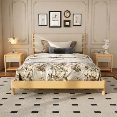 Streamdale Furniture Streamdale Modern Queen Bed Frame Set With 2 Nightstands, Beige Wood Platform Bed