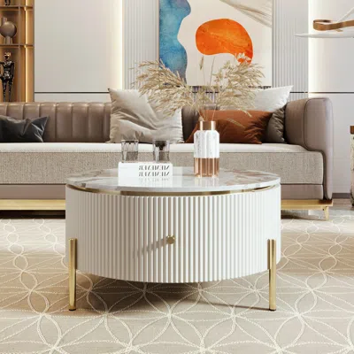 Streamdale Furniture Streamdale Modern Round Coffee Table With 2 Large Drawers Storage Accent Table In Gray