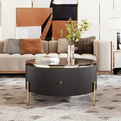 Streamdale Furniture Streamdale Modern Round Coffee Table With 2 Large Drawers Storage Accent Table In Black