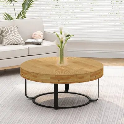 Streamdale Furniture Streamdale Modern Round Coffee Table Wooden Carving Pattern Coffee Table With Metal Legs For Living  In Brown