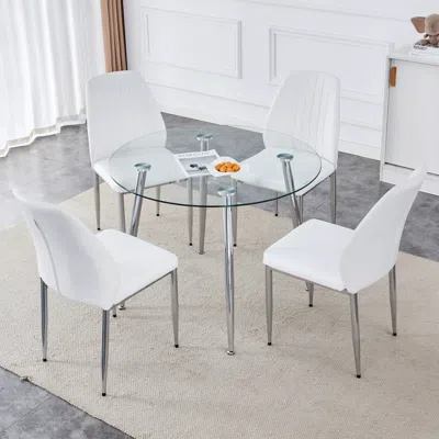 Streamdale Furniture Streamdale Modern Round Glass Dining Table Set With 4 Pu Chairs