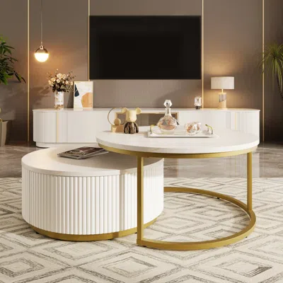 Streamdale Furniture Streamdale Modern Round Nesting Coffee Table Fluted With Drawer In White & Gold In 31.5'' In Neutral