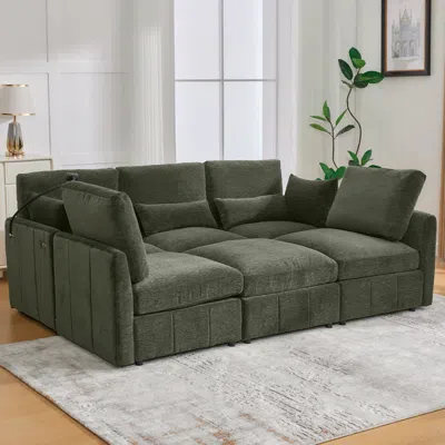 Streamdale Furniture Streamdale Modern Sectional Sofa U-shaped Couch With Ottoman, Usb & Phone Holder - Green