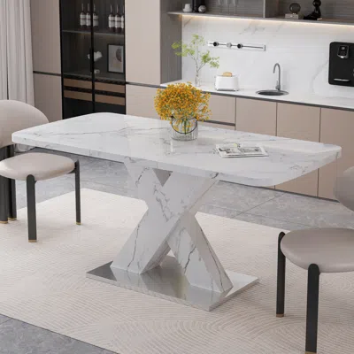 Streamdale Furniture Streamdale Modern Stretch Marble Dining Table With X-shape Legs In White