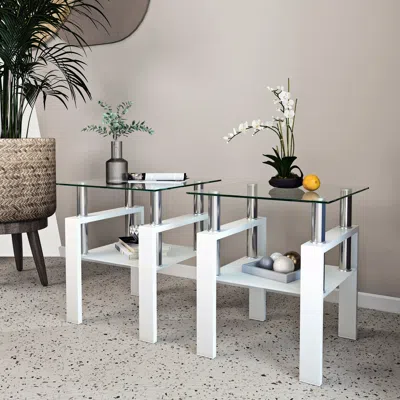 Streamdale Furniture Streamdale Modern Tempered Glass Square Coffee Table Set In White