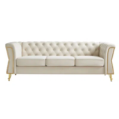 Streamdale Furniture Streamdale Modern Tufted Velvet Sofa 87.4 Inch For Living Room Beige Color In White
