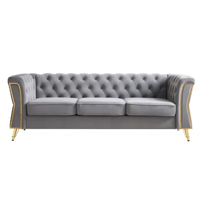 Streamdale Furniture Streamdale Modern Tufted Velvet Sofa 87.4 Inch For Living Room Light Grey Color In Gray