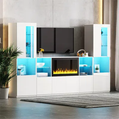 Streamdale Furniture Streamdale Modern Tv Stand With Electric Fireplace, Led Light, And Glass Shelves