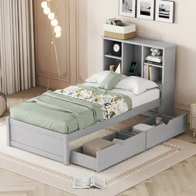 Streamdale Furniture Streamdale Modern Twin Size Bed Frame With Built-in Usb Port On Bookcase Headboard And 2 Drawers For