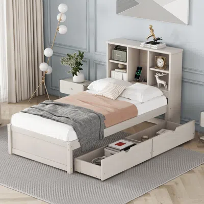 Streamdale Furniture Streamdale Modern Twin Size Bed Frame With Built-in Usb Port On Bookcase Headboard And 2 Drawers For