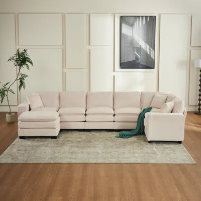 Streamdale Furniture Streamdale Modern U Shaped 6-seat Sectional Sofa Couch With One Ottoman And Three Toss Pillows In Neutral