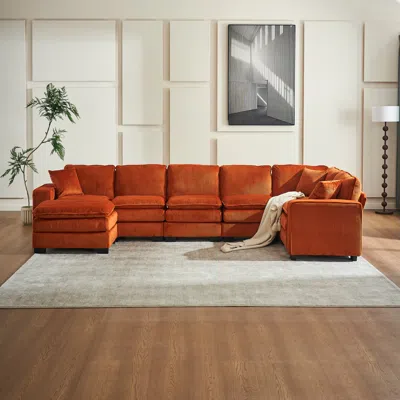 Streamdale Furniture Streamdale Modern U Shaped 6-seat Sectional Sofa Couch With One Ottoman And Three Toss Pillows In Brown