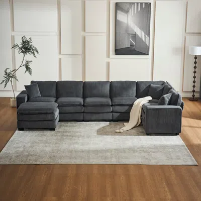 Streamdale Furniture Streamdale Modern U Shaped 6-seat Sectional Sofa Couch With One Ottoman And Three Toss Pillows In Gray