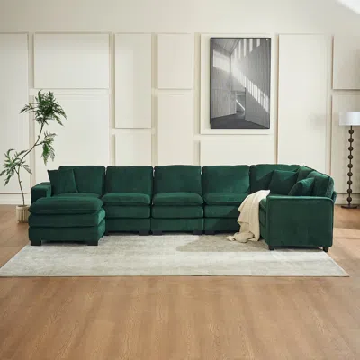 Streamdale Furniture Streamdale Modern U Shaped 6-seat Sectional Sofa Couch With One Ottoman And Three Toss Pillows In Green