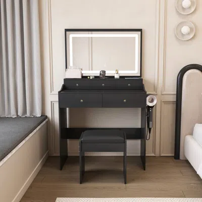 Streamdale Furniture Streamdale Modern Vanity Desk With Lighted Mirror & Power Outlet - Black