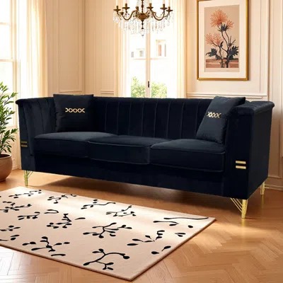 Streamdale Furniture Streamdale Modern Velvet 3-seater Sofa, Tufted Back, Gold Legs, Black