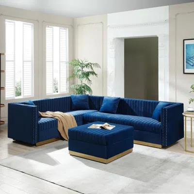 Streamdale Furniture Streamdale Modern Velvet Sectional Sofa With Ottoman And Pillows In Blue