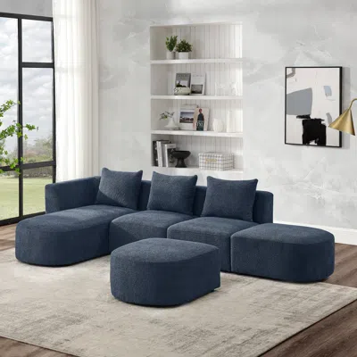 Streamdale Furniture Streamdale Modular L-shaped Sofa With Chaise & Ottoman In Loop Yarn Fabric In Blue