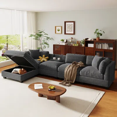 Streamdale Furniture Streamdale Modular Sofa With Ottoman & Cup Holders (5-seater) In Gray