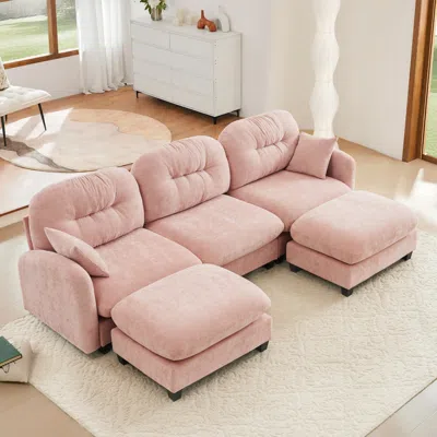 Streamdale Furniture Streamdale Modular U-shaped Chenille Couch With Ottoman & Pillows, Pink