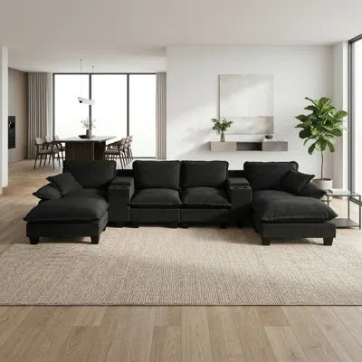 Streamdale Furniture Streamdale Modular U-shape Cloud Couch With Storage, Cup Holders, Usb & Ottomans, Black