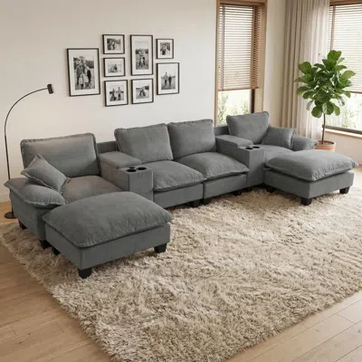 Streamdale Furniture Streamdale Modular U-shape Cloud Couch With Storage, Cup Holders, Usb & Ottomans, Grey