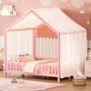 Streamdale Furniture Streamdale Montessori Floor Bed With Canopy, Full Size House Shape Toddler Bed Frame, Pink