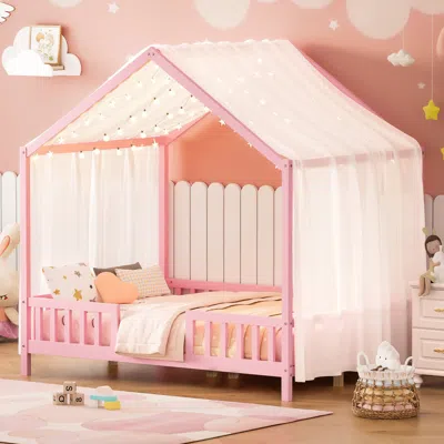 Streamdale Furniture Streamdale Montessori Floor Bed With Canopy, Full Size House Shape Toddler Bed Frame, Pink