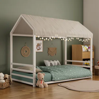 Streamdale Furniture Streamdale Montessori Metal Floor Bed Frame, House Bed With Guardrails, Kids/toddlers, Black