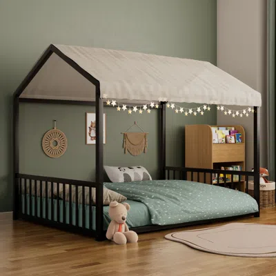 Streamdale Furniture Streamdale Montessori Metal House Bed Frame, Safety Rails, Kids/toddlers, Easy Assemble, Black