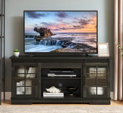 Streamdale Furniture Streamdale Multipurpose Sliding Door Tv Stand Large Storage Cabinet With 2 Sliding Fluted Glass Temp In Black