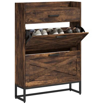 Streamdale Furniture Streamdale Narrow Shoe Cabinet With 2 Flip Doors And Top Drawer, Brown