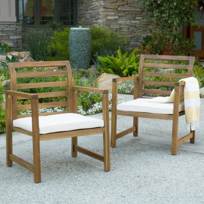 Streamdale Furniture Streamdale Natural Acacia Wood Outdoor Armchair With White Cushions (set Of 2)