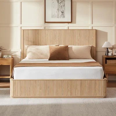 Streamdale Furniture Streamdale Natural Oak Wavy Wood Grain Platform Bed Frame, 44" High Headboard