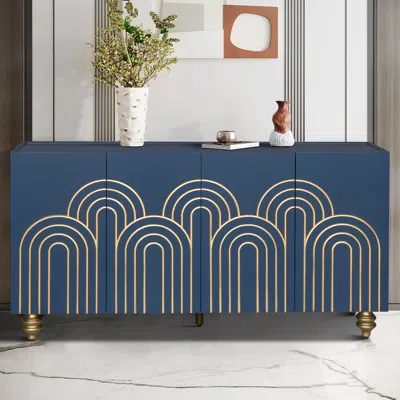 Streamdale Furniture Streamdale Navy Blue Fluted Sideboard Buffet With 4 Doors