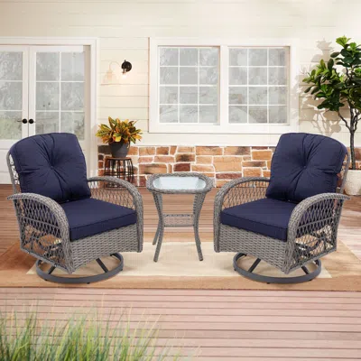 Streamdale Furniture Streamdale Navy Blue Outdoor Swivel Rocker Chair Set With Cushions
