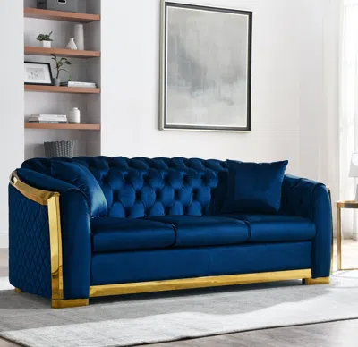 Streamdale Furniture Streamdale Navy Blue Velvet Sofa Set With Gold Stainless Legs