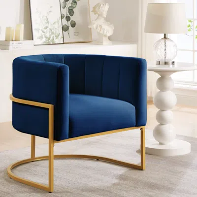 Streamdale Furniture Streamdale Navy Velvet Accent Chair With Gold Stand In Blue