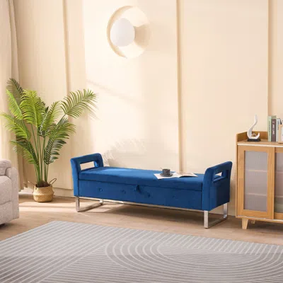 Streamdale Furniture Streamdale Navy Velvet Storage Bench With Armrests - 67.91" Wide