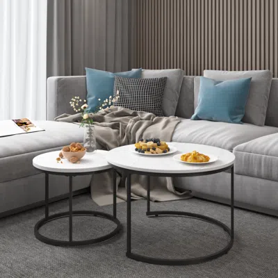 Streamdale Furniture Streamdale Nesting Coffee Table Set Of 2, 27.6inch Round Coffee Table Wood Marble Pattern Top With S
