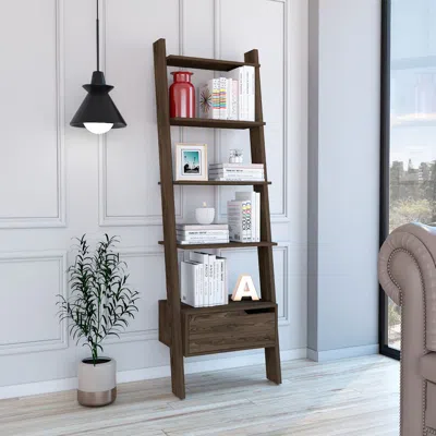 Streamdale Furniture Streamdale New Haven 1-drawer 4-shelf Ladder Bookcase Dark Walnut In Black