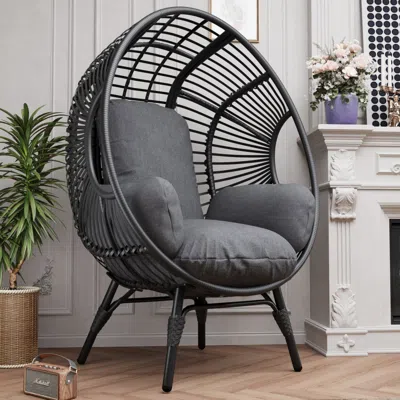 Streamdale Furniture Streamdale New Style Pe Wicker Weaving Patio Egg Chair With Black Color Rattan Grey Cushion