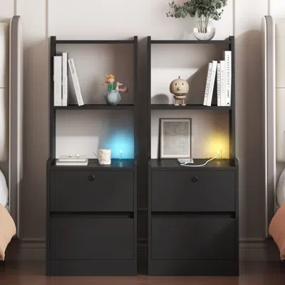 Streamdale Furniture Streamdale Nightstands Set Of 2, Charging, Night Light, Bookshelf, Storage, Black In Brown