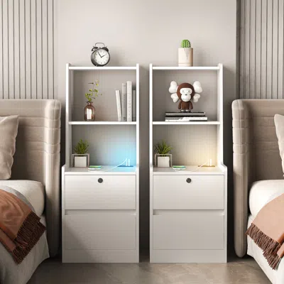 Streamdale Furniture Streamdale Nightstands Set Of 2, Charging, Night Light, Bookshelf, Storage, White