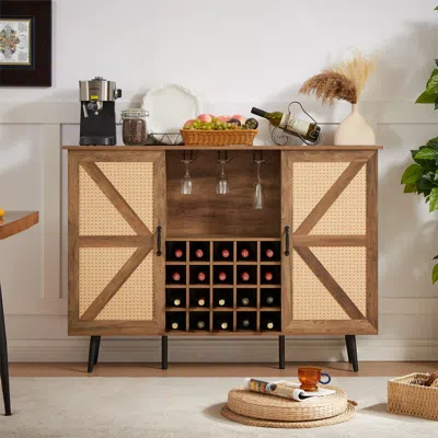 Streamdale Furniture Streamdale Oak Color Faux Rattan Barn Door Wine Cabinet With Wine Rack And Wine Glass Rack