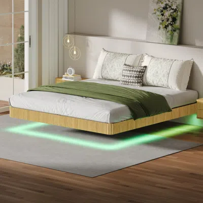 Streamdale Furniture Streamdale Oak King Led Floating Bed Frame - Wave Texture, Metal Slats