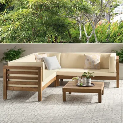 Streamdale Furniture Streamdale Oana Outdoor Wooden Sectional Set With Cushions, Beige
