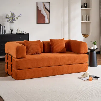 Streamdale Furniture Streamdale Orange Corduroy Convertible Sleeper Sofa Bed With Pillow